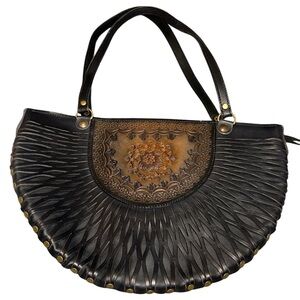 Hand-Tooled Black and Brown Leather Shoulder Bag